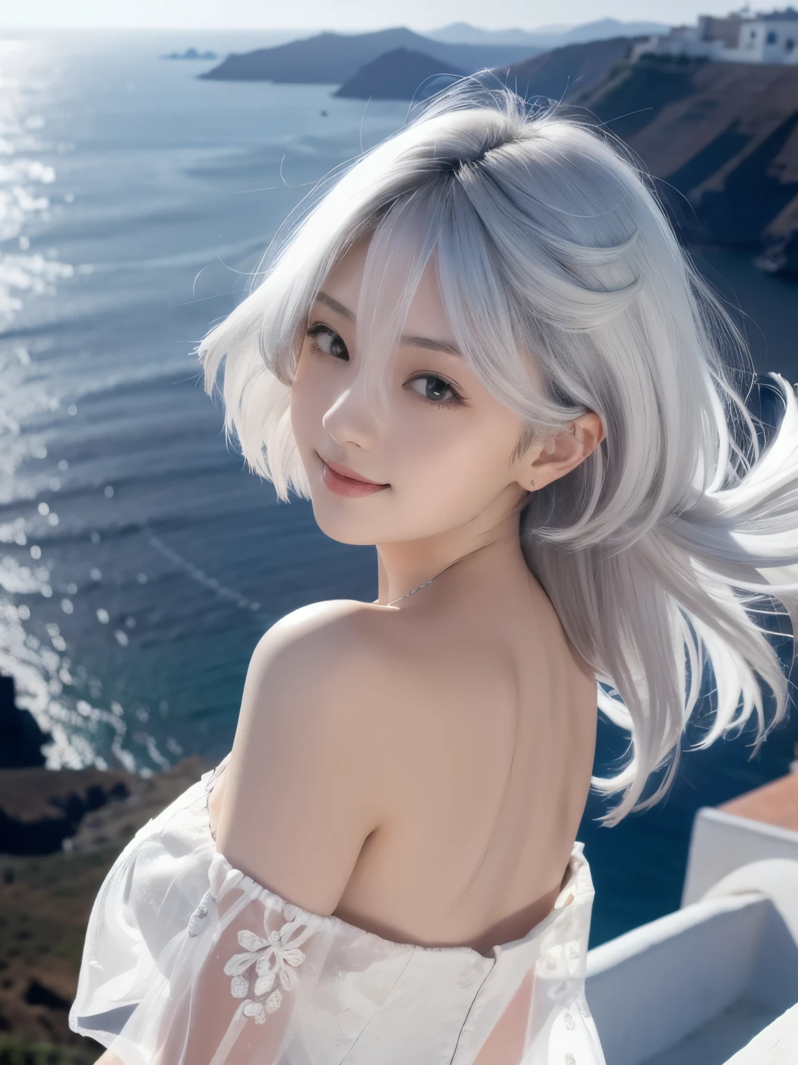 (masterpiece, best quality:1.4), (8k, raw photo, photo realistic:1.4), shiny skin, detailed skin, detailed face, detailed eyes, detailed background, (extremely detailed 8k wallpaper), sharp focus,
BREAK
1girl, Japanese girl, 18 years old, beautiful face, happy smile, Looking at camera, (Hair blowing in the wind:1.3),
BREAK
(close up:1.25), active pose, dynamic angle,
BREAK
miorine1, miorine rembran, solo, (grey eyes:1.3), (white hair:1.5), (long hair:1.5), (ahoge, bangs, hair between eyes, floating hair),
BREAK
Slim Body, Medium Breasts, off-shoulder,
BREAK
(see-through silhouette:1.5), (nipples through'1.25) (erectile nipples:0.5),
BREAK
White dress,
one piece dress,
(see-through:1.2),
BREAK
arafed view of a blue dome church on a cliff overlooking the ocean, santorini, in santorini island, greek fantasy panorama, greek setting, mediterranean island scenery, greece, greek style, greek architecture, mediterranean city, beautiful high resolution, whitewashed buildings, greek fantasy, incredibly beautiful, in a mediterranean lanscape, ancient mediterranean city, mediterranean, greek fantasy landscape,