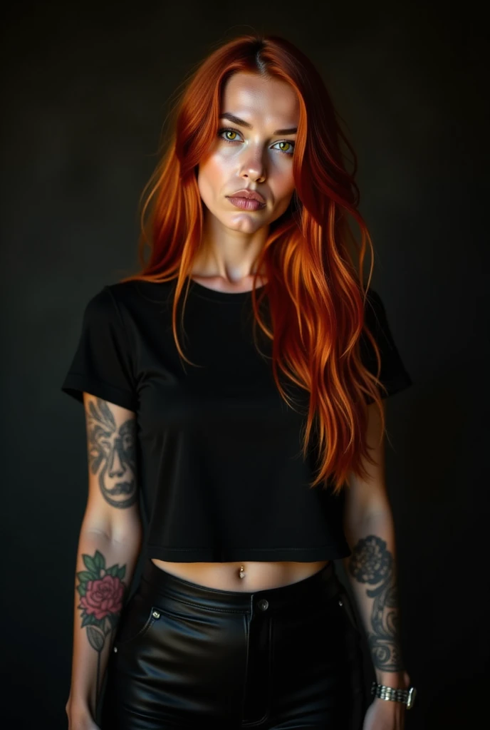 a red hair woman, RAW photo of a slim, sharp girl wearing (t-shirt) and (tight black pants), dark makeup, (asymmetrical longred hair with side cut), ultra wide shot, hyper detailed, (uncanny: 1.1 ), (majestic: 1.2), (fascinating: 1.2), expressions evoking a feeling of fashion and fashion magazine, very detailed character, dramatic, centered, cinematic atmosphere, (black: 0.9), (intricate detail, hyperdetail: 1.15), harsh light and shadow, (material: 1.2), (horror: 1.25), directed by Shane Mcmellen, photo taken with ektachrome, distorted portrait, dark, moody gothic tones, muted colors, cinematic lighting, Instax film, 8k, raw photo, (film grain: 1.0), (floating dust particles: 1.2), 24mm, focused, edge light, in the dark, dimly lit, low key, deep shadow