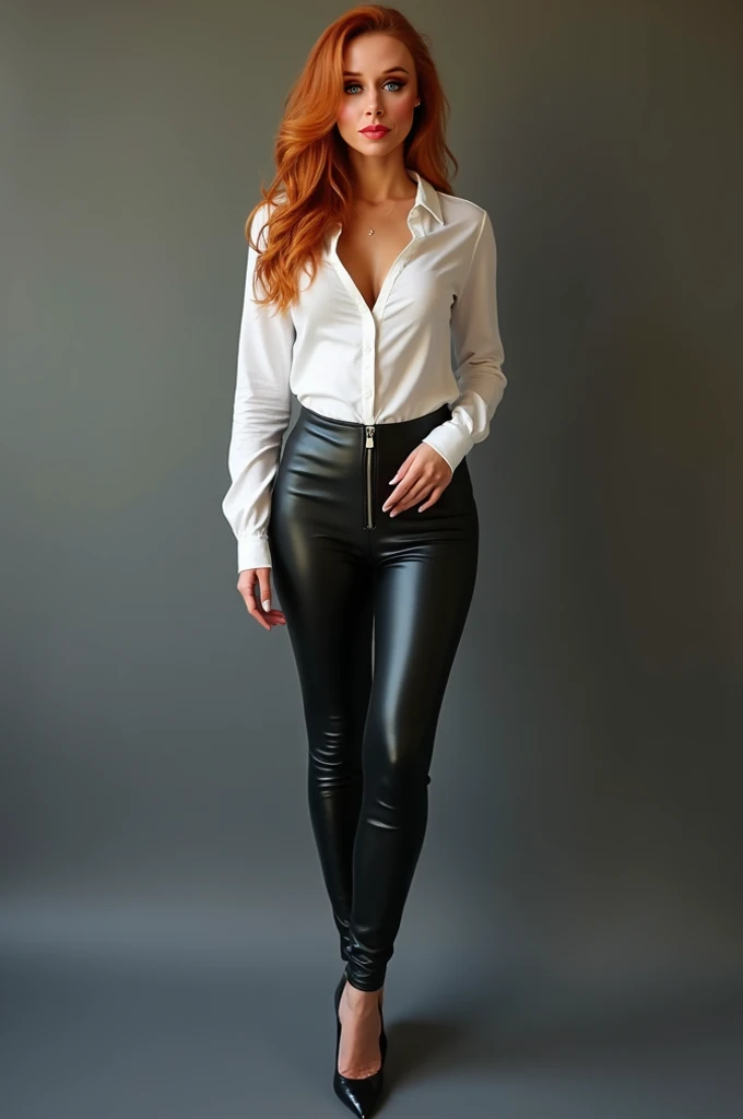 (RAW shooting, Photoreal:1.5, 8k, highest quality, masterpiece, ultra high resolution), perfect dynamic composition:1.2, Highly detailed skin and facial textures:1.2,beautiful and aesthetic:1.2, full body, Fair skin, (large breast:1.4), (perfect limbs:1.2), (perfect fingers:1.2),(caucasian,1girl,earrings,makeup, tall,standing,short blonde hair,brown vest,tight white shirt,long sleeves,long necktie,fingerless gloves,bottomless,black leggings,perfect thigh),(simple background:1),