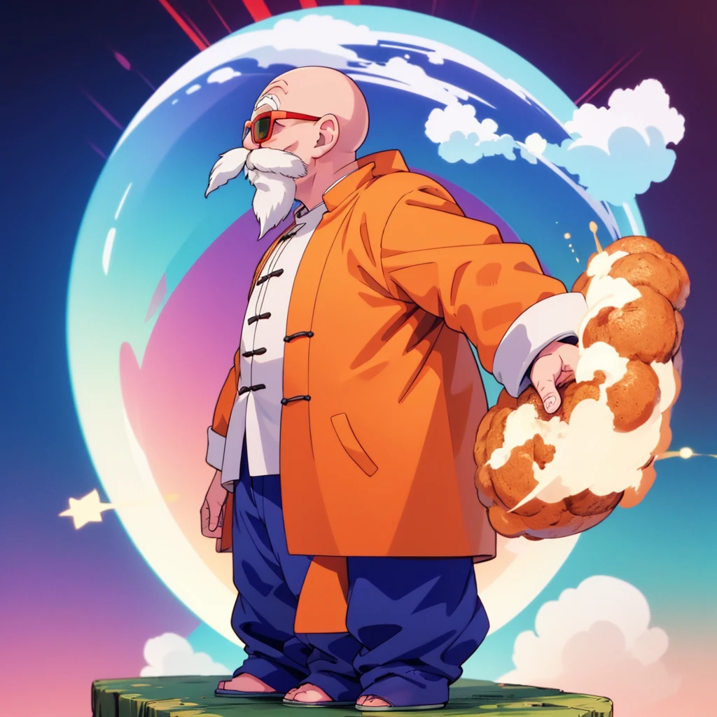 muten roushi standing on a cloud,.muten roushi, Short stature.old man, black eyes,bald, facial hair, beard, mustache, white hair, chinese clothes, orange jacket, blue pants, sunglasses, red-framed eyewear, green-tinted eyewear,full body..Three-quarter side view