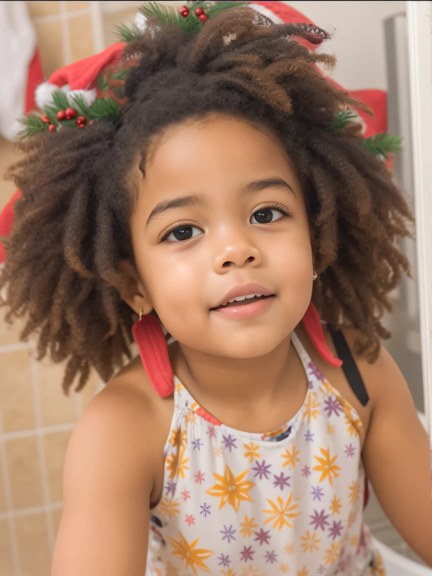 there is a that is brushing her hair in the bathroom, light skinned african young girl, beautiful , violet myers, beautiful cute, cute , , cute beautiful, she has olive brown skin, mixed race, african american girl, cute girl, rosey cheeks, cute young girl, beautiful young girl, with afro, curly afro,HD, (finest details), (best quality), Merry, Christmas decorations, night, Christmas theme, Christmas gifts, Christmas tree, best quality, high resolution, Christmas decorations, lights, snowflakes, (( (Red Christmas hat))),