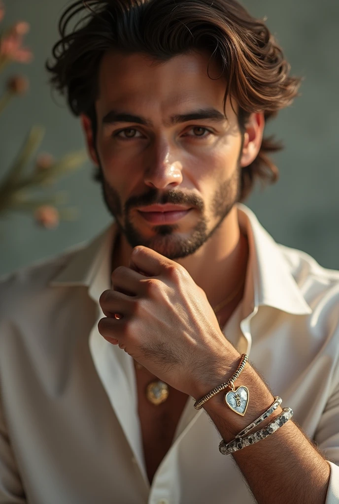 Create a sexy guy with a hand in his mouth, biting a necklace