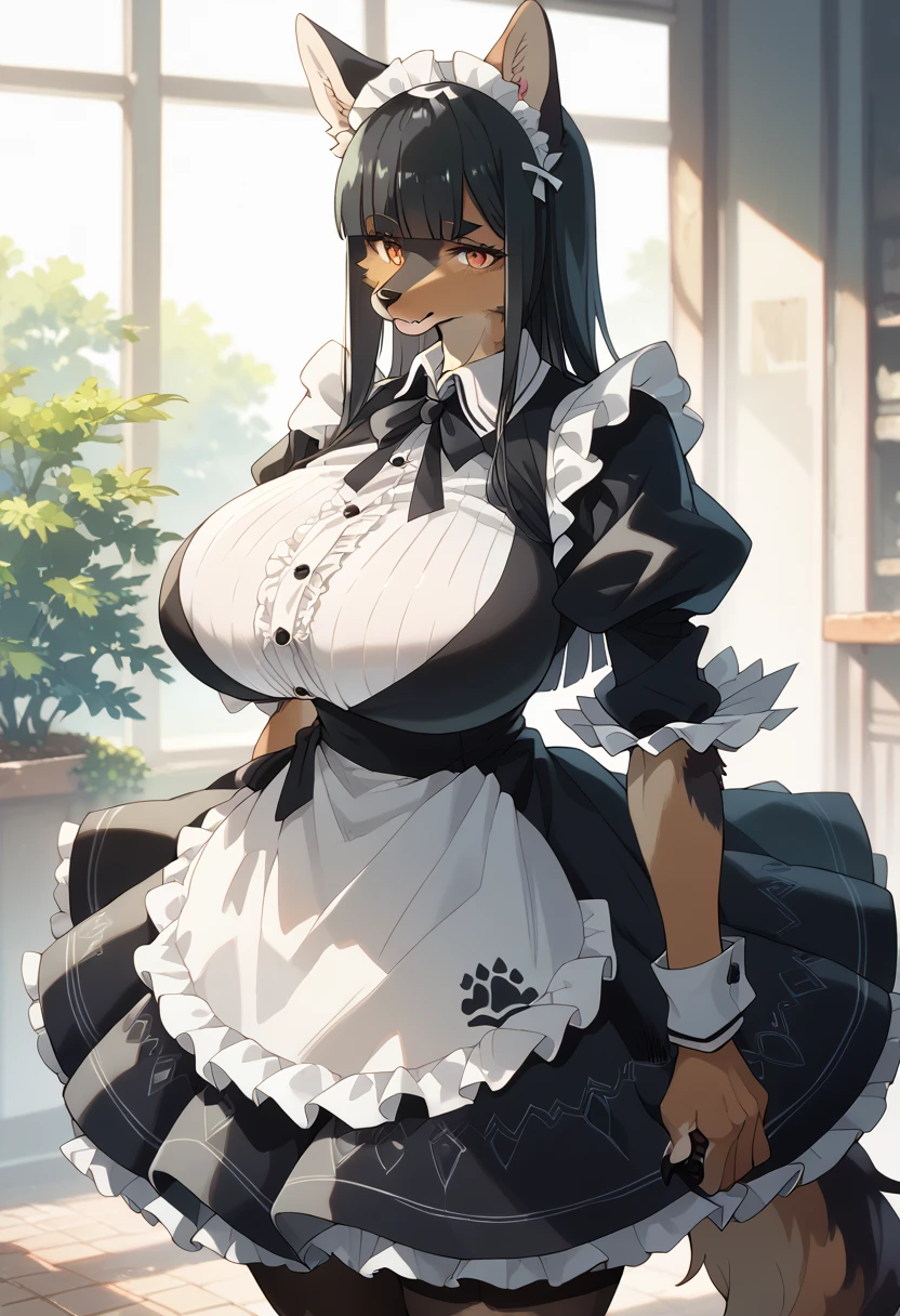 masterpiece, high definition , best quality,8k
((pitch black fur,furry,kemono,Fluffy fur,dog girl))
( black hair,waist-length hair,straight hair,blunt bangs)
(slender,gigantic breasts)( black maid clothes,White brim)
