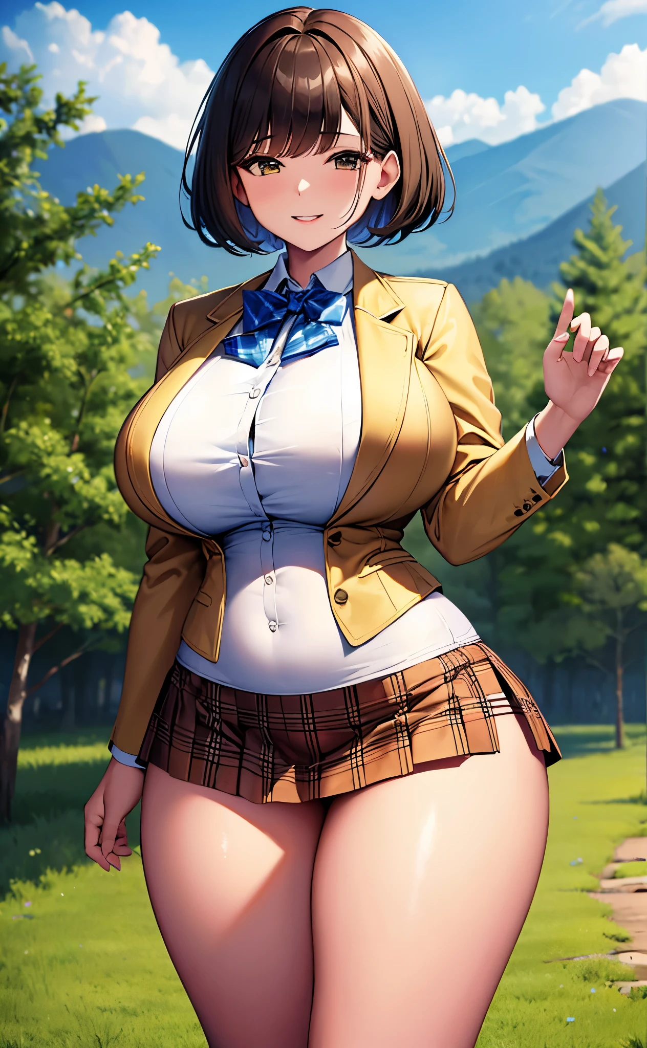 masterpiece, best quality, highres, aariko, short hair, brown eyes, , blue bowtie, blazer, yellow jacket, long sleeves, plaid skirt, green skirt, standing, cowboy shot, smile, outdoors, huge breasts, thick thighs, wide hips, sexy, venusbody
