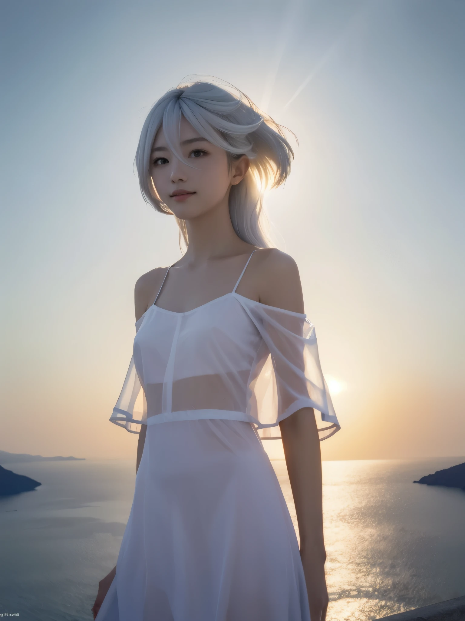 (masterpiece, best quality:1.4), (8k, raw photo, photo realistic:1.4), shiny skin, detailed skin, detailed face, detailed eyes, detailed background, (extremely detailed 8k wallpaper), sharp focus,
BREAK
1girl, Japanese girl, 18 years old, beautiful face, happy smile, Looking at camera, (Hair blowing in the wind:1.3),
BREAK
(close up:1.25), active pose, dynamic angle,
BREAK
miorine1, miorine rembran, solo, (grey eyes:1.3), (white hair:1.5), (long hair:1.5), (ahoge, bangs, hair between eyes, floating hair),
BREAK
Slim Body, Medium Breasts, off-shoulder,
BREAK
(see-through silhouette:1.5), (nipples through'1.25) (erectile nipples:0.5),
BREAK
White dress,
one piece dress,
(see-through:1.2),
BREAK
arafed view of a blue dome church on a cliff overlooking the ocean, santorini, in santorini island, greek fantasy panorama, greek setting, mediterranean island scenery, greece, greek style, greek architecture, mediterranean city, beautiful high resolution, whitewashed buildings, greek fantasy, incredibly beautiful, in a mediterranean lanscape, ancient mediterranean city, mediterranean, greek fantasy landscape,