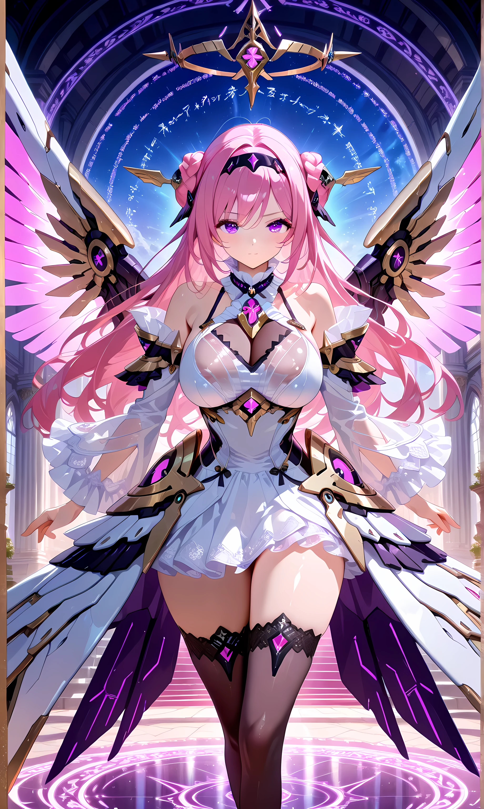 1 girl,Alone, dorothyalt ,  Pink hair, long hair, hair bun, Braid,  purple eyes, headgear,  hair band,  hair ornament, Chest Jewel, see-through,  big breasts,  white dress , ruffled collar , Ornaments,  stripped sleeves ,  tall stockings, mechanical wings,aesthetic,  masterpiece ,  lyrics, 4k hd, absurdres