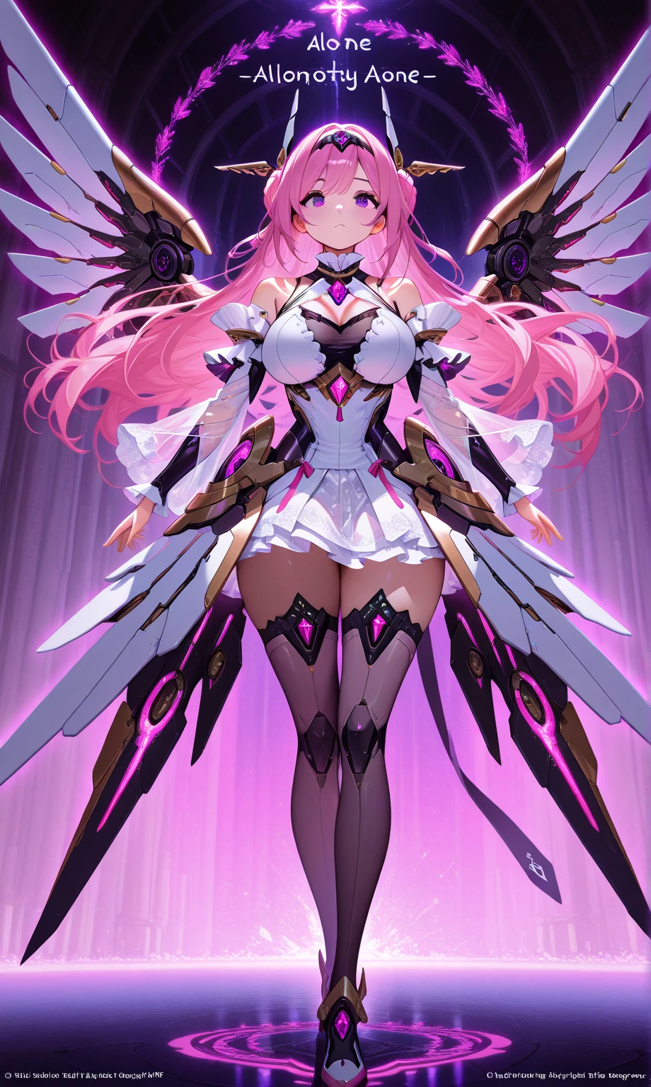 1 girl,Alone, dorothyalt ,  Pink hair, long hair, hair bun, Braid,  purple eyes, headgear,  hair band,  hair ornament, Chest Jewel, see-through,  big breasts,  white dress , ruffled collar , Ornaments,  stripped sleeves ,  tall stockings, mechanical wings,aesthetic,  masterpiece ,  lyrics, 4k hd, absurdres