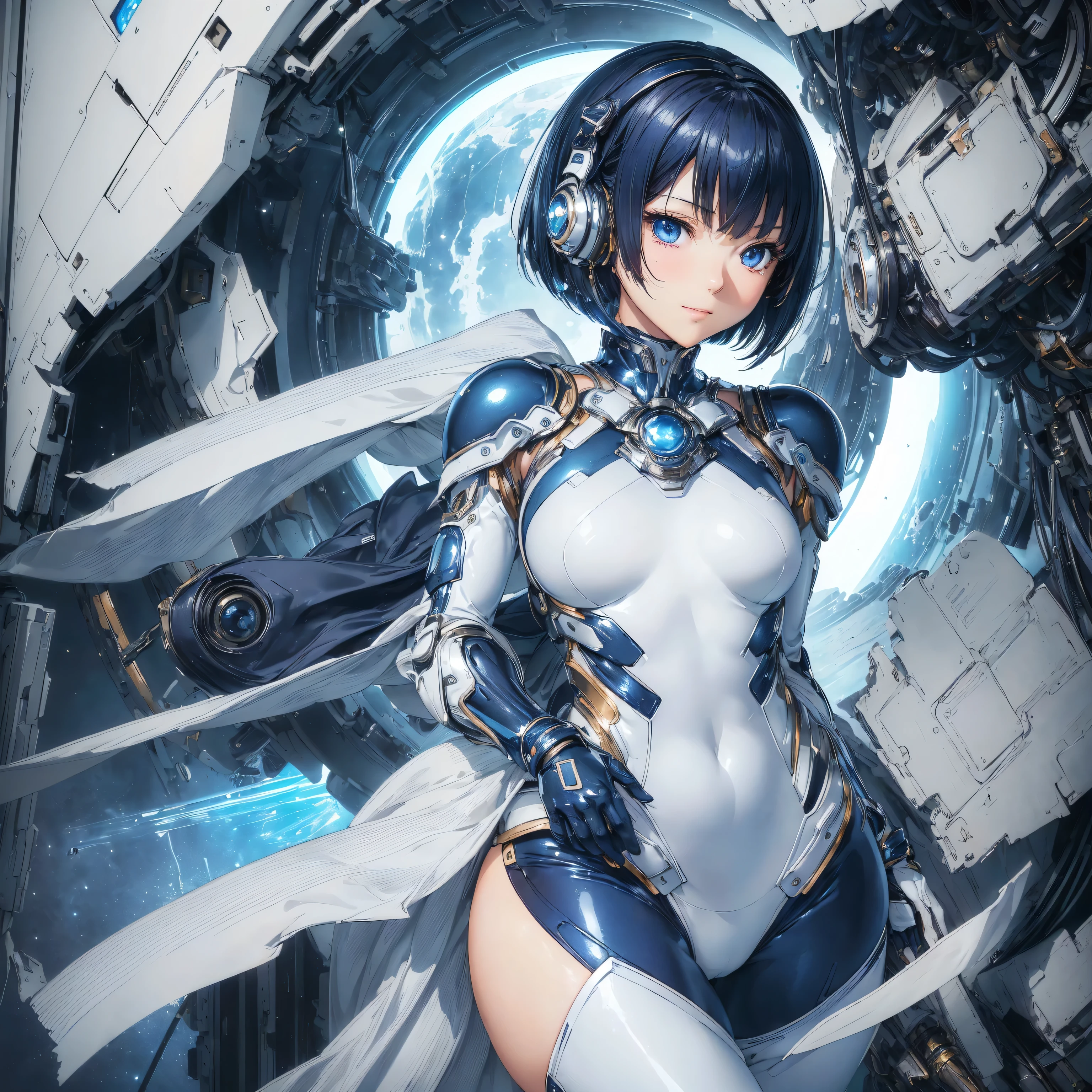 Mecha Wings、White and blue skirt、Accentuated thighs、White tights、chest、Beautiful black hair、1 girl、solo girl、Thick thighs、is、Frame Arms Girl、Alice Gere Aegis、White Armor、Blue and purple lines、income、headphone、hand on own chest、smile