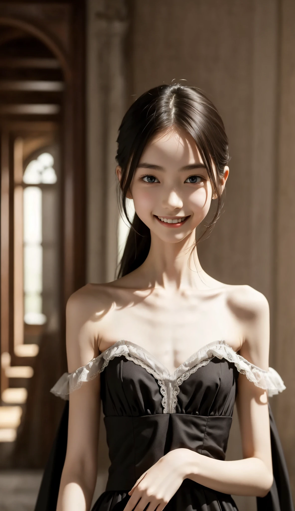 Thin arms,Narrow shoulders,delicate,公式art,  Unity 8k Wallpaper,  super detailed, beautiful, beautiful, masterpiece,  best quality, Darkness,  vibe, mystery, Romanticism, Creepy, literature, art, fashion,  victorian , race,  supernatural ,smile