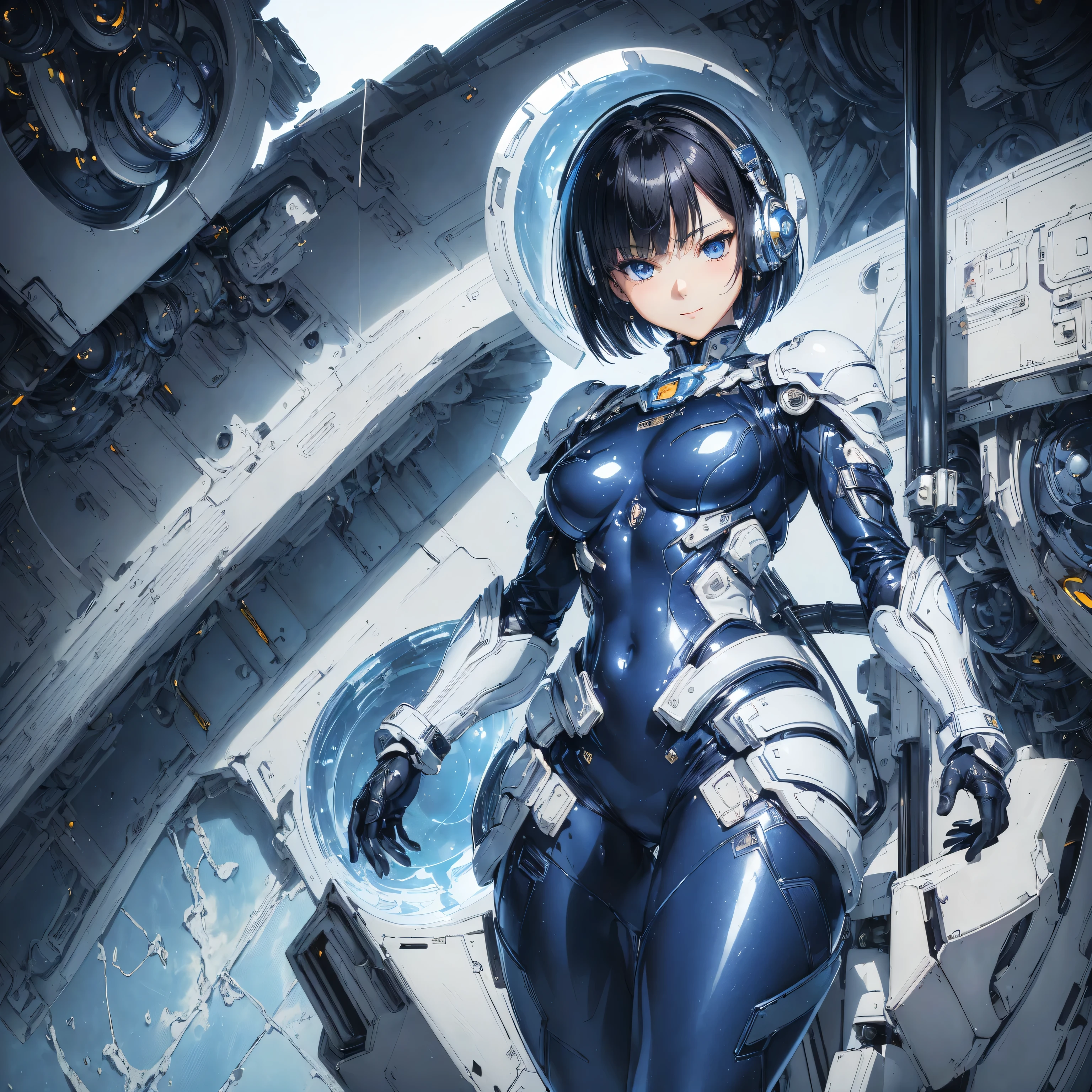(masterpiece、Highest quality、Highest Resolution、Clear_image、Detailed details、Angle from above): (Whole body、One 20 year old girl、Japanese Faces、Small Face、Slender、Navy blue super short bob cut hair、(Hidden small breasts:1.3)、Sparkling blue eyes、Shiny pilot suit in blue and black colors、Chest protection armor、Tight fitting clothes、Clothing that covers the whole body、Glamorous clothes、Tight Fit Pants、Hide your skin、Very delicate and beautiful、Detailed Skin、hide thighs、Hide your ass、Cute、A gentle smile、Soft expression、heroine、headset、Knee-high boots、Elbow-length gloves、Eye Level Shot、Face directly、Woman on a spaceship)