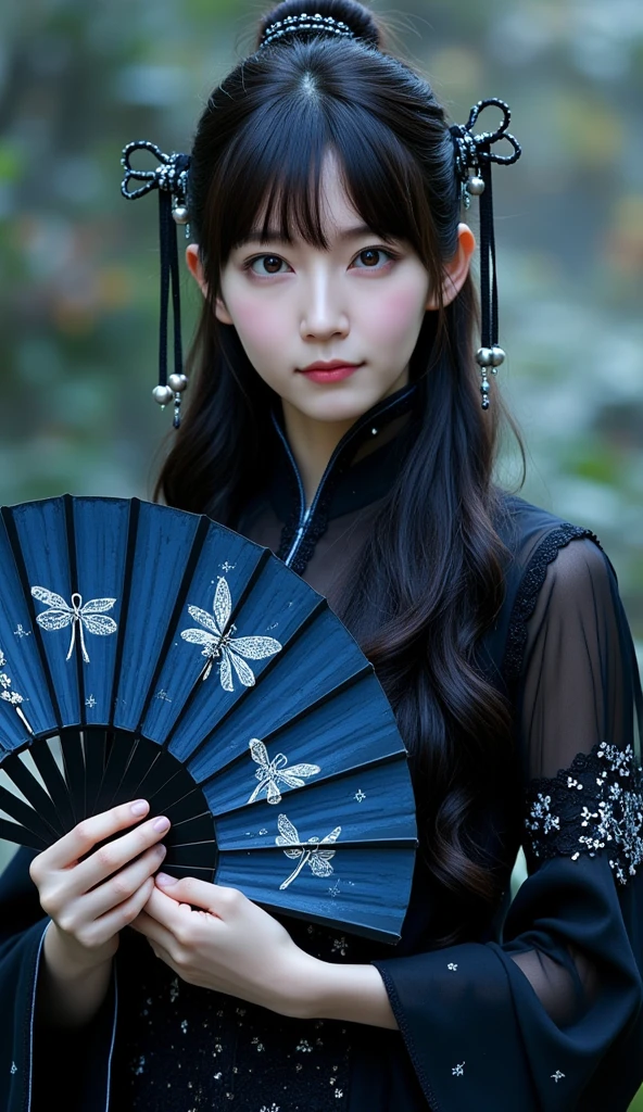 Elegant and mysterious East-Asian woman, holding a dark blue fan with intricate dragonfly patterns, wearing a black outfit with delicate details, adorned with a dark ribbon and intricate hair accessories with dangling beads, deep blue eyes gazing softly, long wavy black hair, dramatic and ethereal lighting, soft snow-like particles falling around, enchanting and quiet atmosphere, fantasy-inspired setting, ultra-detailed textures, glowing accents, elegant pose, photorealistic and in style of magical realism.