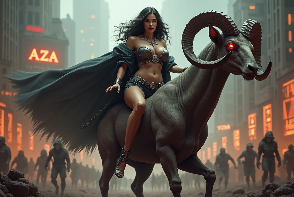 ((Best quality)), ((masterpiece)), (detailed), beautiful girl (topless:1.2) sitting on a mythical beast:1.1, A post-apocalyptic backdrop