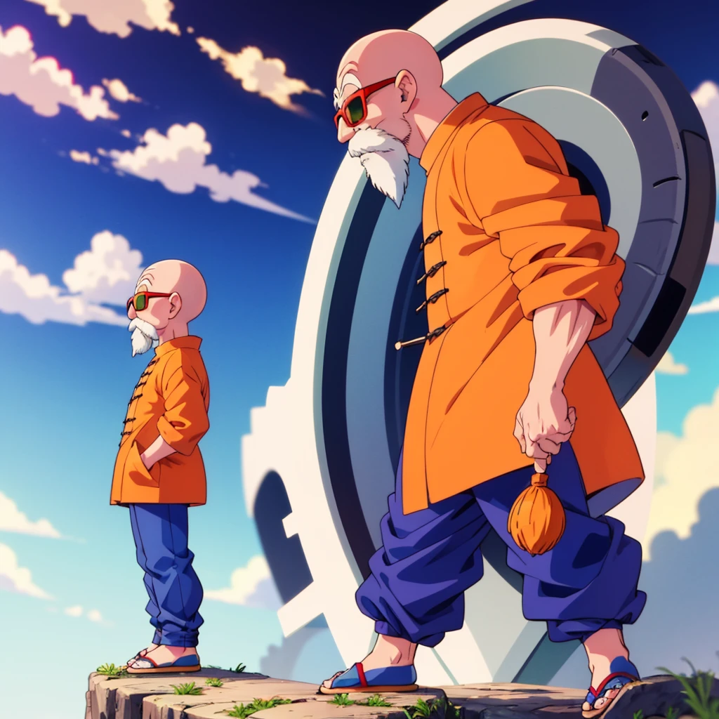 muten roushi standing on a cloud,.muten roushi, Short stature.old man, black eyes,bald, facial hair, beard, mustache, white hair, chinese clothes, orange jacket, blue pants, sunglasses, red-framed eyewear, green-tinted eyewear,full body..Three-quarter side view