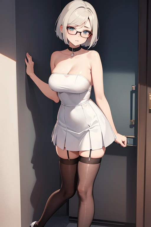 a mature woman,elder sister,Royal sister,white short hair, Opened shirt,Extra-short skirt,huge breasts,E cup,model figure,slender waist,long legs,Show the chest,High heel,Standing posture,Look ahead,Full body image,White background