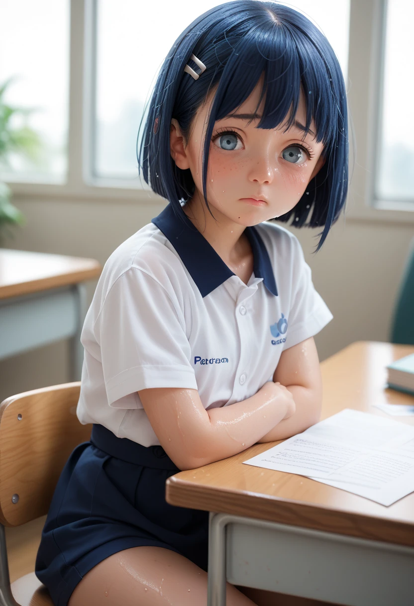 Sitting at desk, Hinata hyuga, dark blue hair, shy toddler body, younger face, sweaty body,