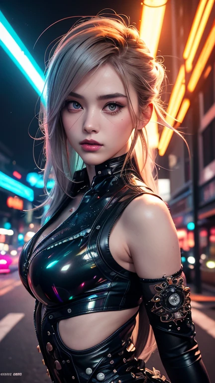 8K,best quality, masterpiece, Ultra-high resolution, (Reality:1.4), RAW photos, (Real skin texture:1.3), (Film Grain:1.3), (Selfie Angle),1 female elf,Beautiful and detailed eyes and face,Off-shoulder,Large Breasts,Postmodern Bodysuit,masterpiece, best quality,close up,Upper body shot, standing on top of the building,Cyberpunk Style Modern Metropolis,night,individual