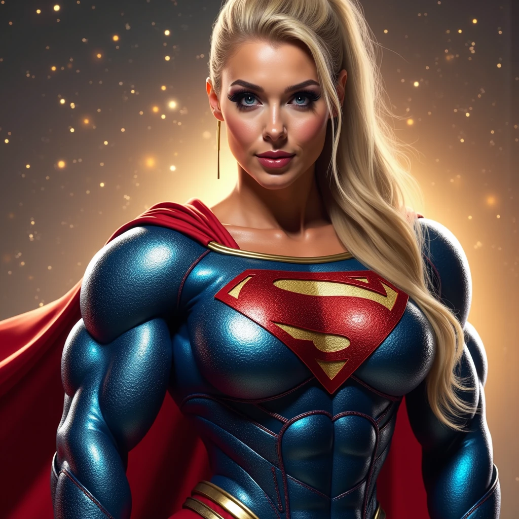 Masterpiece, ((330 lb)), the beauty of a goddess, ultra-detailed face, ((massive lips)), ((front view)),
provocative pose, ((happy face)), BLONDE, VERY LONG HAIR, ((SUPERGIRL FROM DC COMICS outfit)), caucasian,
((glossy skin)), ((oiled skin)), ((evil smile)), ((perfect penis)), stunning, smooth, ((eyeliner)), ((massive
muscles)), ((ripped)), simetric, wide hips, perfect proportions, red lips, futanari, ultra realistic, thick, cinematic light, ((space ship background)).