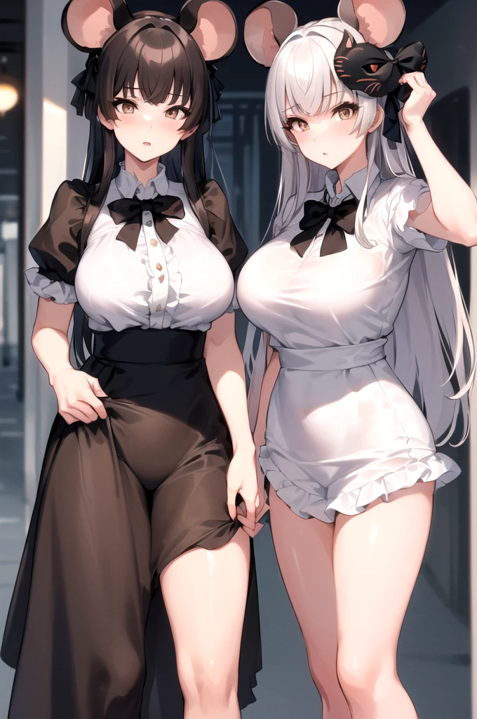 ((2 girls))、((smile))、blush、black shirt、blouse、((fun))、（small breasts）、Chirarism、black hair、(single braid)、((white apron:1.5))、((maid))、((hair ornaments)),  thighs, 壊す in house, ((in house:1.5))、 BREAK looking at viewer、torn skirt，(grab the skirt:1.0)、 (perfect hands, perfect anatomy),cowboy shot、((shaved pussy:1.5))、(skirt that rolls up:1.3)、(Highly detailed labia fully exposed:1.5)、(Photo seen from below:1.3)、skirtlift