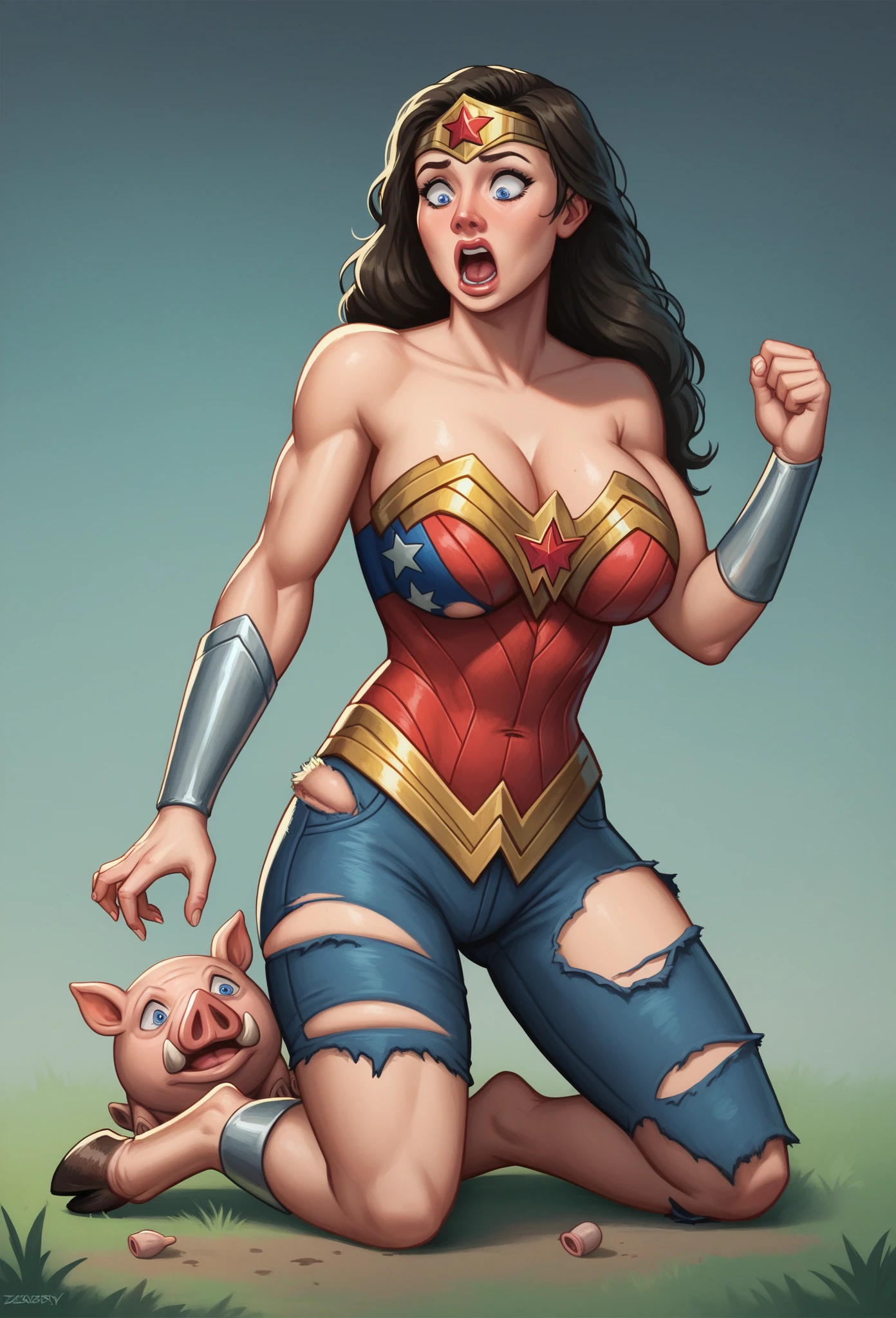 Gal Gadot as Wonder Woman, on her knees, busting cleavage, breast grab, hands on the sides of her breasts, pushing breasts together, open mouth, seductive sigh, messy hair, breast growth, breast expansion, expanding breasts cracking her chest armor, wide eyes, shocked, eye contact with viewer, fantasy transformation, 3D Fantasy art, ((shaggy goat hair growing on her arms and legs)), spiral horns growing from her head, (long goat tongue), expanding breasts, furry animal transformation