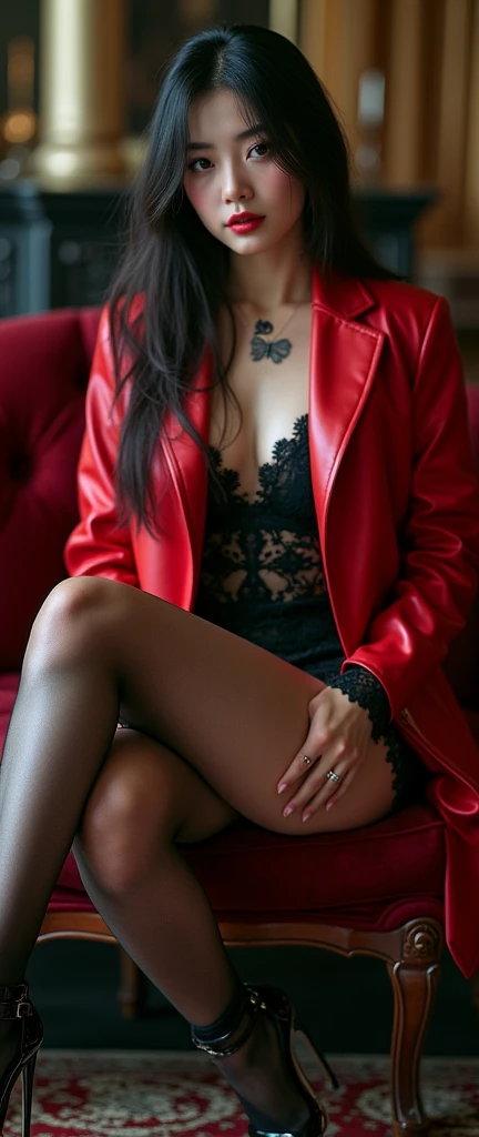 Kimbra wearing a sensual blazer and high thong and smiling
