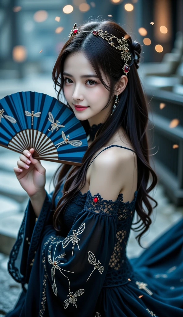 Elegant and mysterious East-Asian woman, holding a dark blue fan with intricate dragonfly patterns, wearing a gothic embroidered lace dress with intricate details, adorned with a gothic-style golden hairpiece featuring red sapphires, deep blue eyes gazing softly, long wavy black hair flowing gracefully, dramatic and ethereal lighting, soft snow-like particles falling around, enchanting and quiet atmosphere, fantasy-inspired setting, ultra-detailed textures, glowing accents, elegant pose, photorealistic and magical style.