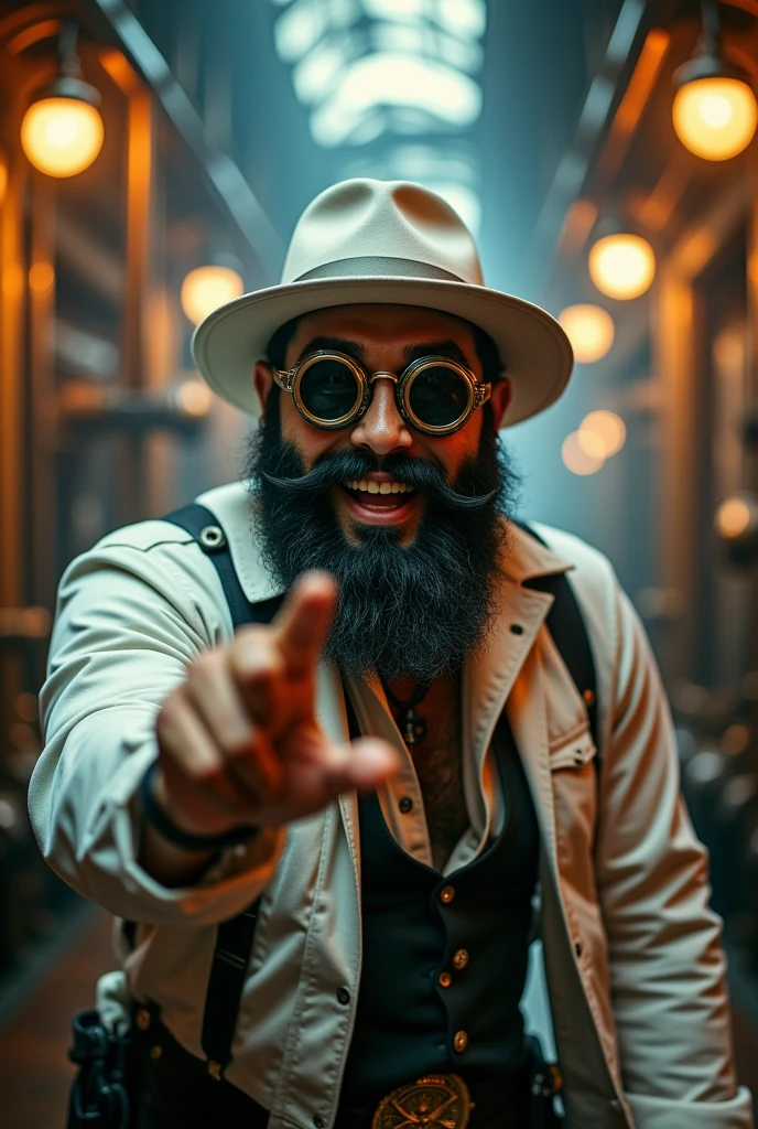 ((masterpiece)) ((photography)) ((Highest quality)) A steampunk-style full-body  photo of a smiling man with a full black beard, wearing round brass steampunk goggles with dark lenses, and a white fedora hat. The man has a charismatic expression, slightly leaning forward, and is making a "hang loose" hand gesture. He is dressed in a casual steampunk-inspired outfit, with metallic textures and subtle Victorian-style details on his shirt. The background is a softly lit industrial steampunk environment with bronze pipes, gears, and warm glowing lights. Rendered in UHD HDR 128K with intricate details on the goggles, hat, and metallic accents to emphasize the steampunk aesthetic.