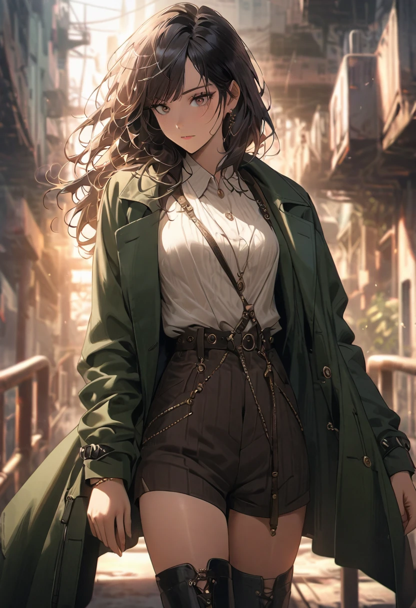 (Masterpiece, best quality, photorealistic, ultra-detailed, cinematic lighting, 8K, anime aesthetic)
A beautiful young woman with medium-length black hair, styled with soft layers and natural bangs, wearing a stylish industrial-themed outfit. Her outfit features a modern steampunk touch: a fitted olive-green jacket with metallic buckles, straps, and harnesses, paired with matching shorts and knee-high boots. She rests on a rusted, vintage iron railing of an industrial tower, gazing thoughtfully into the distance. The sunlight casts warm, golden hues across her face, creating soft shadows that highlight her delicate facial features. The background showcases a sprawling industrial landscape with cranes and steel beams, blending realism with an artistic anime aesthetic. Her pose is relaxed yet alluring, with a slight melancholic expression, exuding a sense of elegance and mystery.