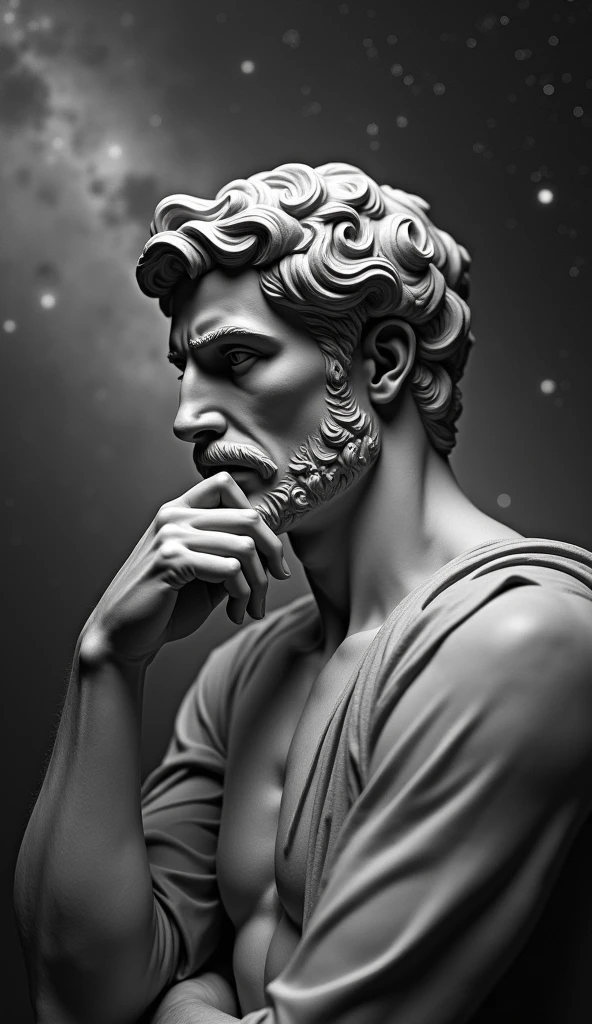 Thoughtful male stoic statue with hand on chin, In the background a galaxy,  Black and white photo 
