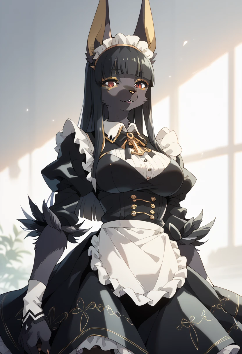 masterpiece, high definition , best quality,8k
((pitch black fur,furry,kemono,Fluffy fur,anubis girl))
( black hair,waist-length hair,straight hair,blunt bangs)
(slender,large breasts)( black maid clothes,White brim)
