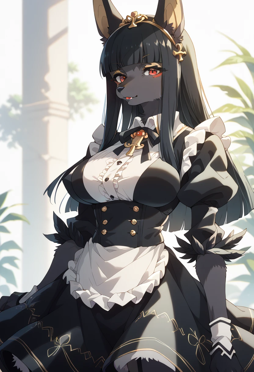 masterpiece, high definition , best quality,8k
((pitch black fur,furry,kemono,Fluffy fur,anubis girl))
( black hair,waist-length hair,straight hair,blunt bangs)
(slender,large breasts)( black maid clothes,White brim)
