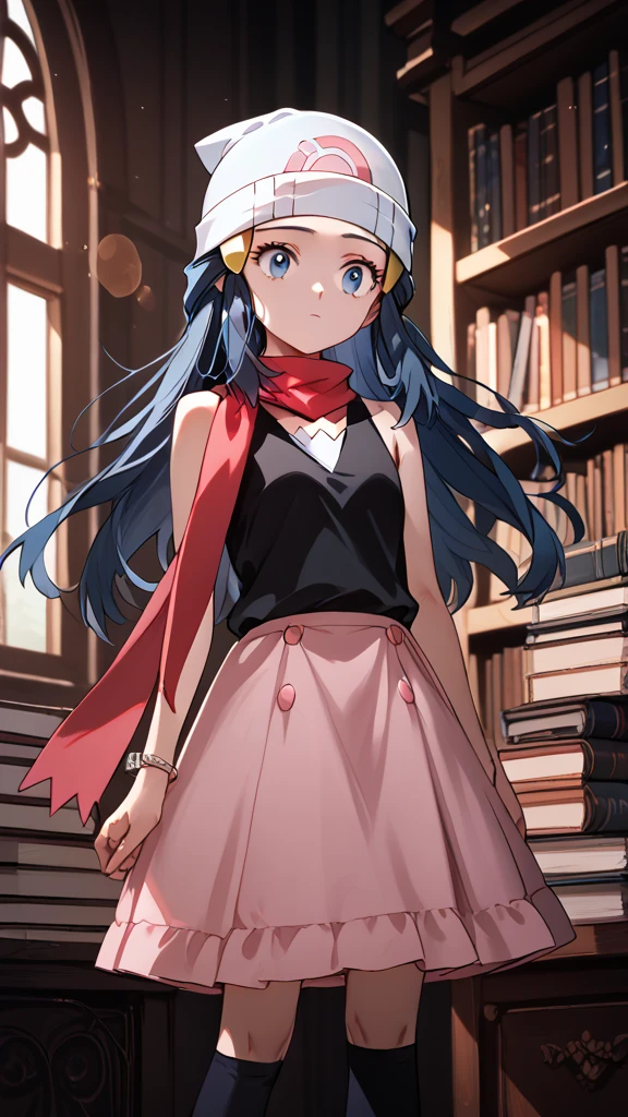 zzDawn, blue hair, blue eyes, sidelocks, long hair, zzDawn, blue hair, blue eyes, sidelocks, long hair, bare shoulders, beanie, black shirt, black socks, bracelet, hat, jewelry, kneehighs, miniskirt, pink skirt, red scarf, scarf, shirt, skirt, sleeveless, sleeveless shirt, white headwear, zzDarkAcademia, indoors, dark theme, books, bookshelf, window, (ultra realistic, 32k, masterpiece:1.2), (high detailed skin:1.1), (high quality:1.1), bokeh, luminescent background,, score 9, score 8 up, score 7 up, score 6 up, score 5 up, score 4 up,