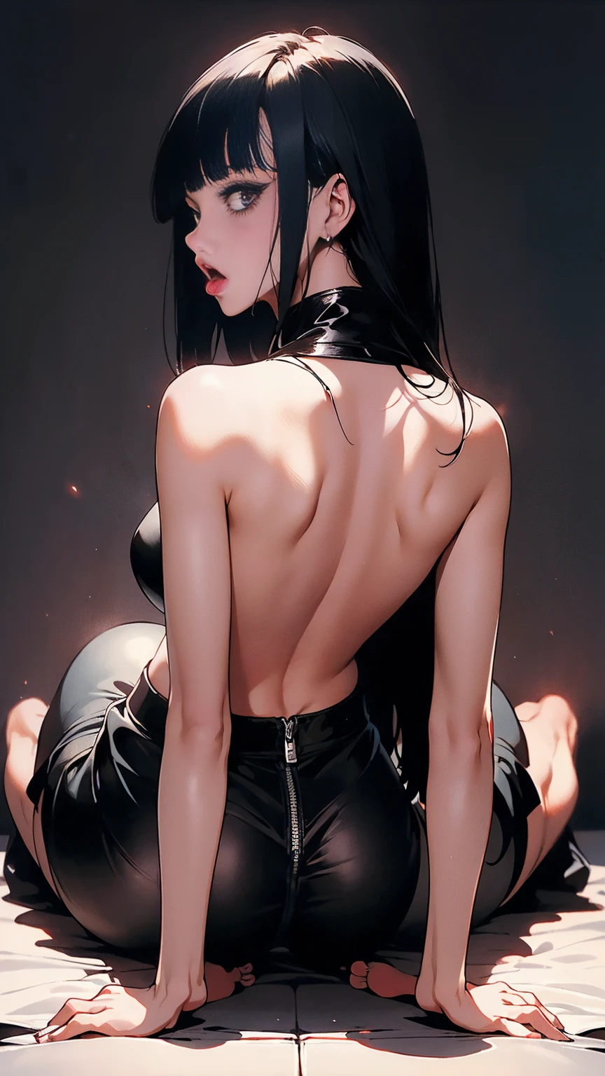 ( best quality:1.2)、(masterpiece:1.2), ( Max Image:1.2), (Nipples, belly button), (from behind:1.3),  see-through clothes , (( T-back :1.3)), ( black hair straight long hair:1.3), (all fours,  open legs:1.2), ( Long Thin Legs , shoes:1.2), (Juheedef, black hair, grey eyes), (ahegao), (Sensual face:1.3),  sticks out his tongue , (( open her mouth :1.2)), ( drool ), The whole face becomes red,  big, rich breasts , (Blunt Bangs:1.2),  side bust 、 underbust pose、Walk through a simple mansion&#39;corridor、 Play、 simple background