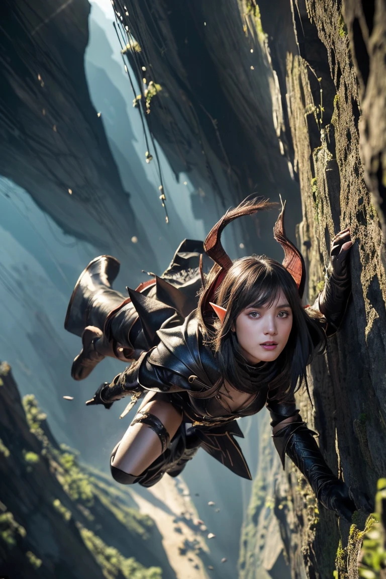 (Ultra-detailed face, looking away, Fantasy Illustration with Gothic, Ukiyo-e, Comic Art, Rich colors), 
BREAK 
(The mysterious forests of this scorching land have sheer cliffs that defy human intrusion. Lava flows from the rock faces, filling the area with steam that smells of sulfur.), 
BREAK 
(DarkElves: A middle-aged dark elf woman with silver color hair, blunt bangs, bob cut and dark purple color skin, lavender color eyes), 
BREAK 
(DarkElves: A female dark elf explorer wears a rain cape and boots over laced wool armor.), 
BREAK 
(Climbing: Dark elf female explorer jumps from a cliff 500 meters up to a cliff 5 meters away in heavy turbulence, in a daring pose, with a big jump (action lines, speed lines)).), (Angle looking up at the dark elf female explorer, low angle, elevated view.)