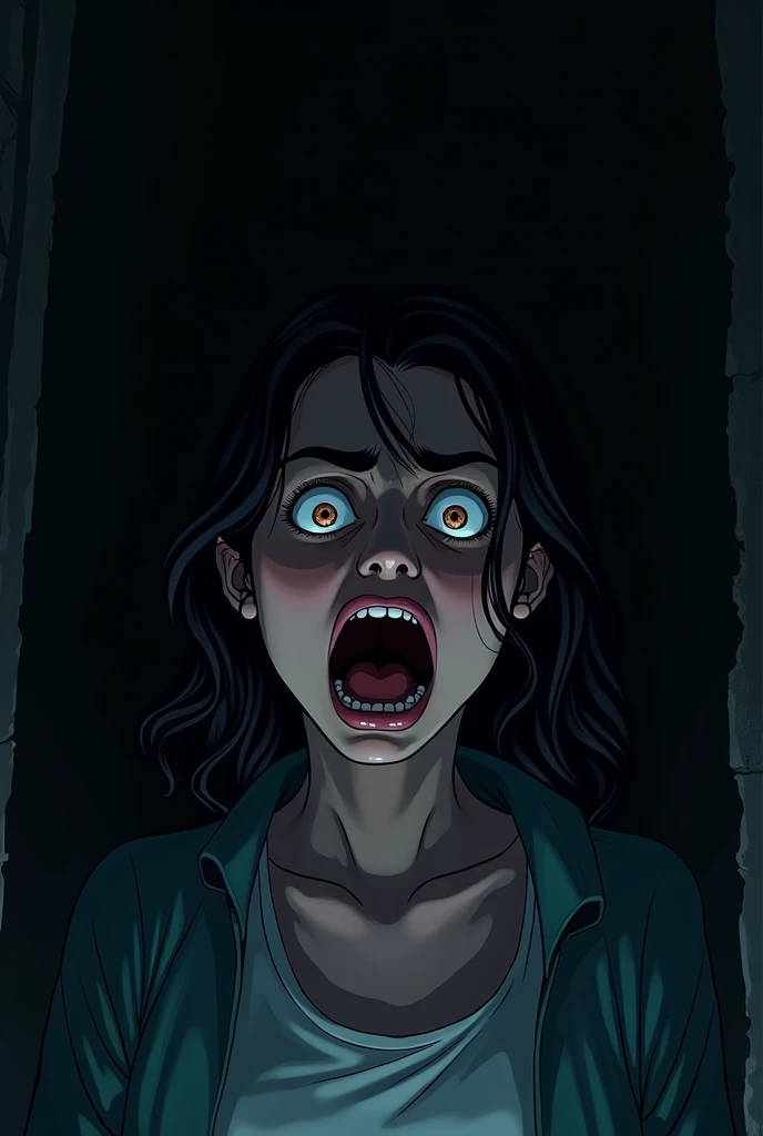 milli3 woman, millie bobby brown, angry expression, screaming, dark forest setting, red eyes