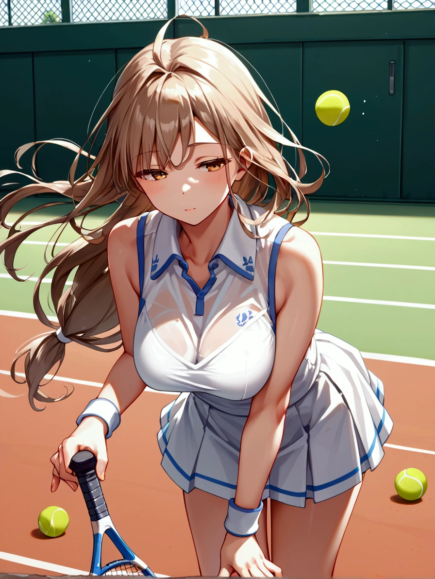 score_9, score_8_up, score_7_up,source_anime, 1girl, solo, light brown hair low-tied long hair, (tareme), golden yellow eyes, half-closed eyes, voluptuous, BREAK, court, (white tennis wear), ((one tennis ball)), leaning forward, holding a racket in one hand, wind, floating hair, looking forward,scenery, masterpiece, best quality, very aesthetic, highly detailed,high resolution,