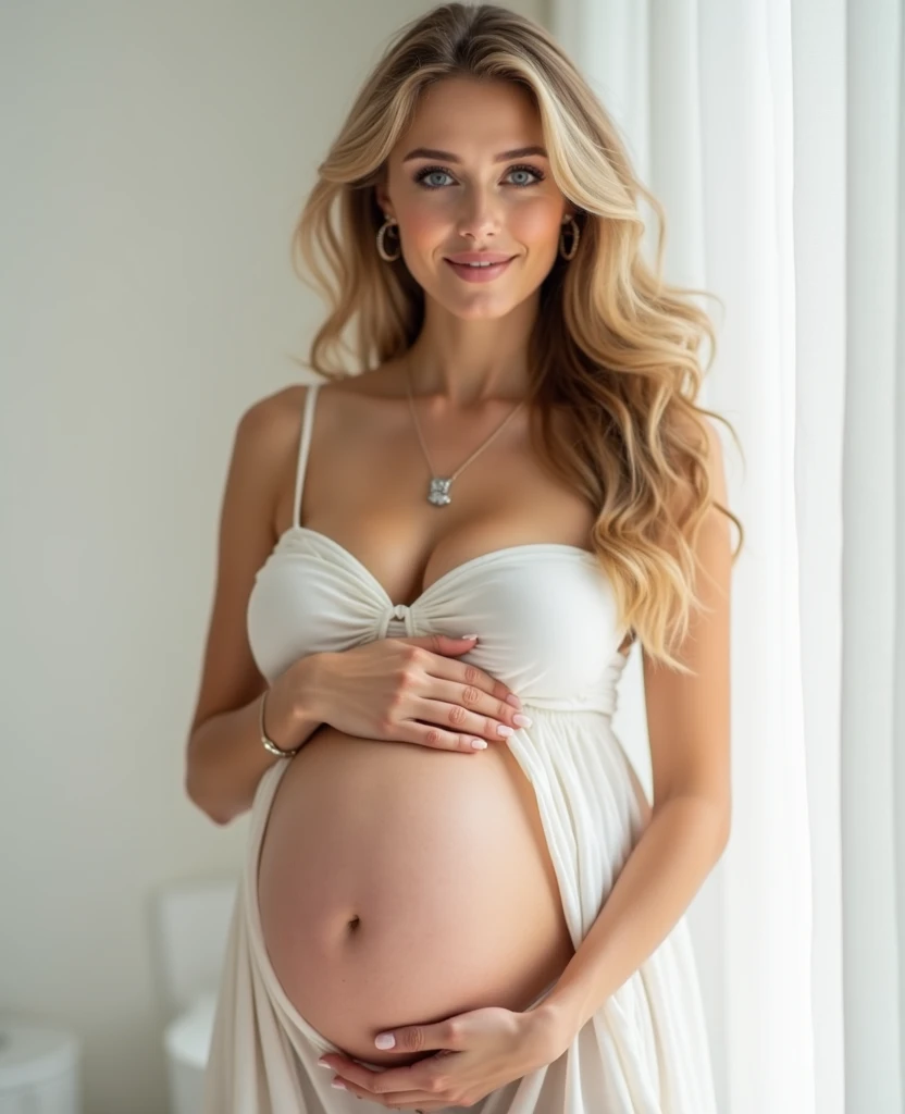 mom, very busty chest, wide hips, front view, realistic, tan skin, blonde hair, 40 years old, pregnant