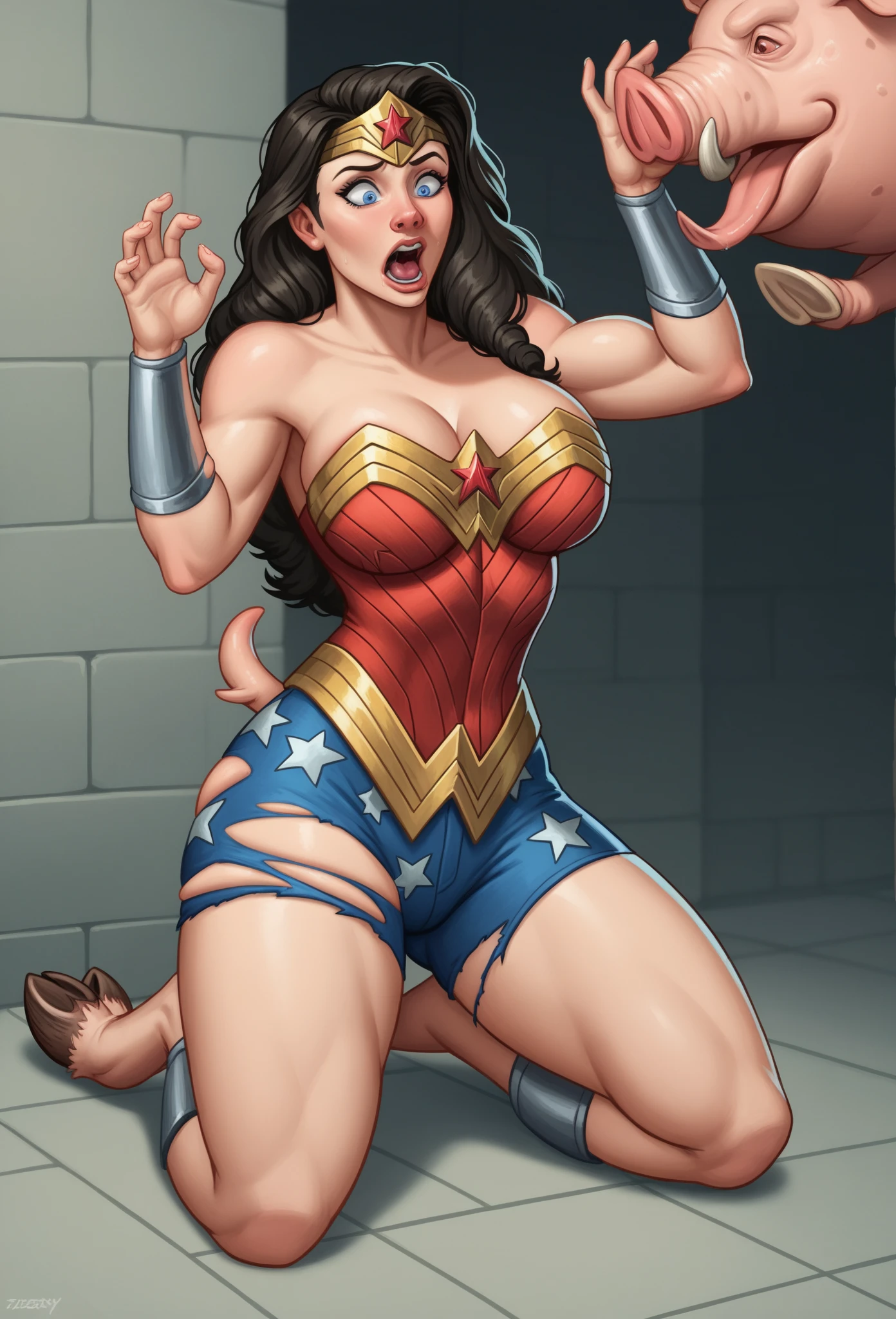 a cartoon of a woman, barefoot, lace panties, Sexy lingerie, posando, commission for high res, Wonder Woman, comic pinup style, cruelly enslaved!!!, commission for, oc commission, fullbody commission for, sww version!!!!!!, by Randy Vargas, by Yoshihiko Wada, by Kentaro Miura, bare thighs!!! Expression of fear, expression of despair, terrified. Bondage, submission, tied with ropes. screaming in pain, suffering a lot, destroyed, HUMILIATED, captured and raped by bandits, raped, degraded, degrading, degradation, depravation. ((abandonned,in the dirty room, at nightmare)). (She is crying a lot), (she's screaming loudly), (her body is shaking from the cold)