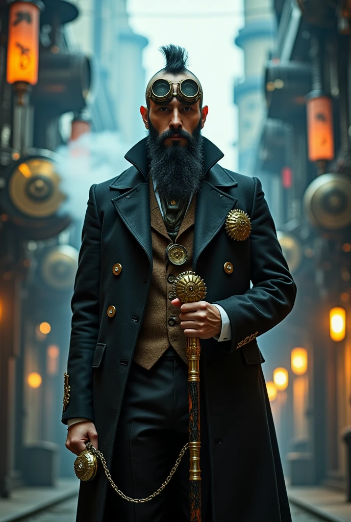 ((masterpiece)) ((photography)) ((Highest quality)) A highly detailed steampunk-style portrait of a charismatic man with a full black beard, wearing a sophisticated Victorian-inspired steampunk suit. The outfit includes a tailored brown waistcoat with brass buttons, a high-collared shirt, and a long dark coat with intricate metallic details and gears. The man holds an elegant brass cane with a gear-shaped handle in one hand, while the other hand reveals a vintage pocket watch on a golden chain. He wears round steampunk goggles resting on his forehead and a top hat adorned with small gears and leather straps. The background features an industrial steampunk cityscape with glowing amber lights, steam rising from pipes, and massive clockwork structures. Render