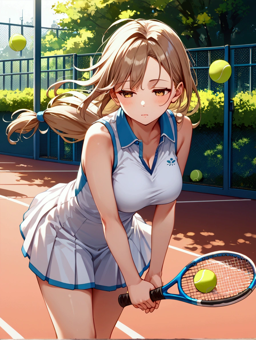 score_9, score_8_up, score_7_up,source_anime, 1girl, solo, light brown hair low-tied long hair, (tareme), golden yellow eyes, half-closed eyes, voluptuous, BREAK, court, (white tennis wear), ((one tennis ball)), leaning forward, holding a racket in one hand, wind, floating hair, looking forward,scenery, masterpiece, best quality, very aesthetic, highly detailed,high resolution,