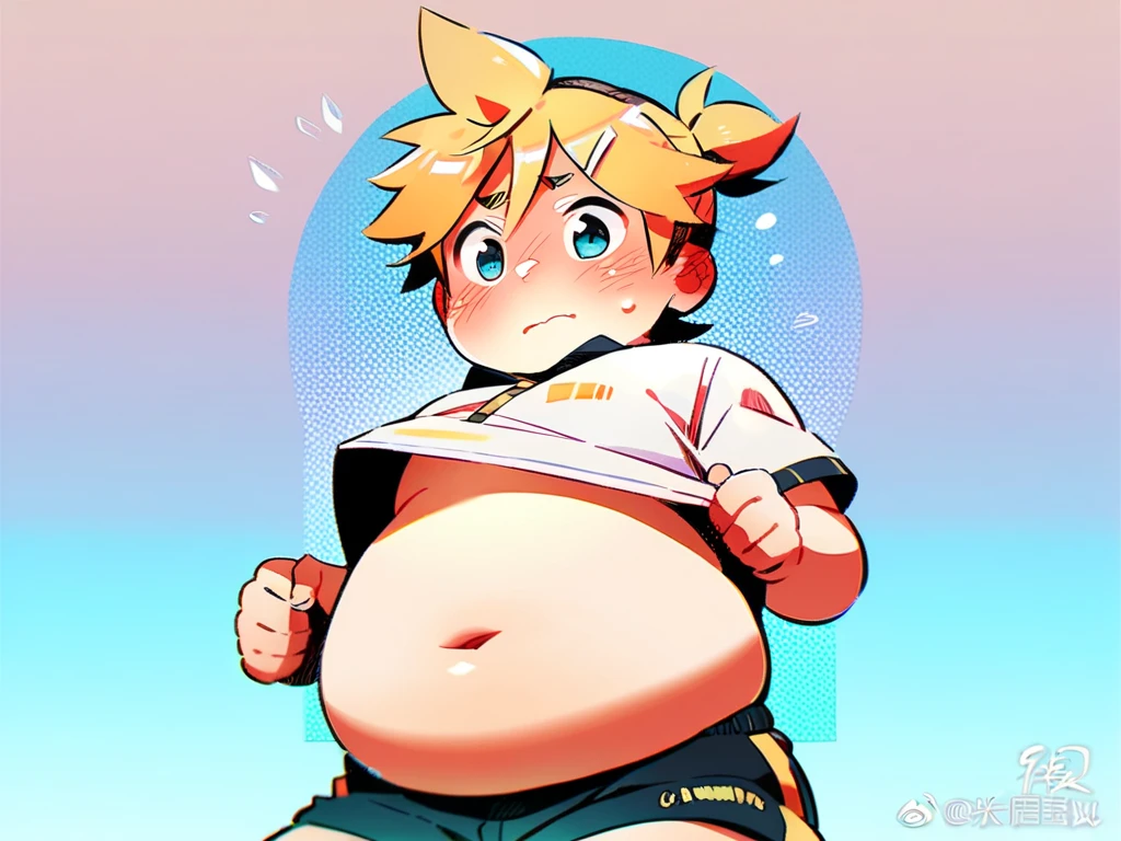 Boy,cute boy,Big belly,blue hair,yellow eyes,pink t-shirt 