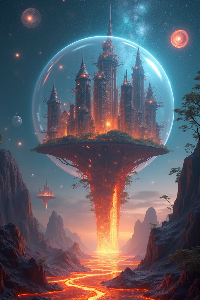 A city floating in a giant bubble in space . Trees that grow to form galaxies in the branches . An ocean with lava waves that reflect the starry sky.