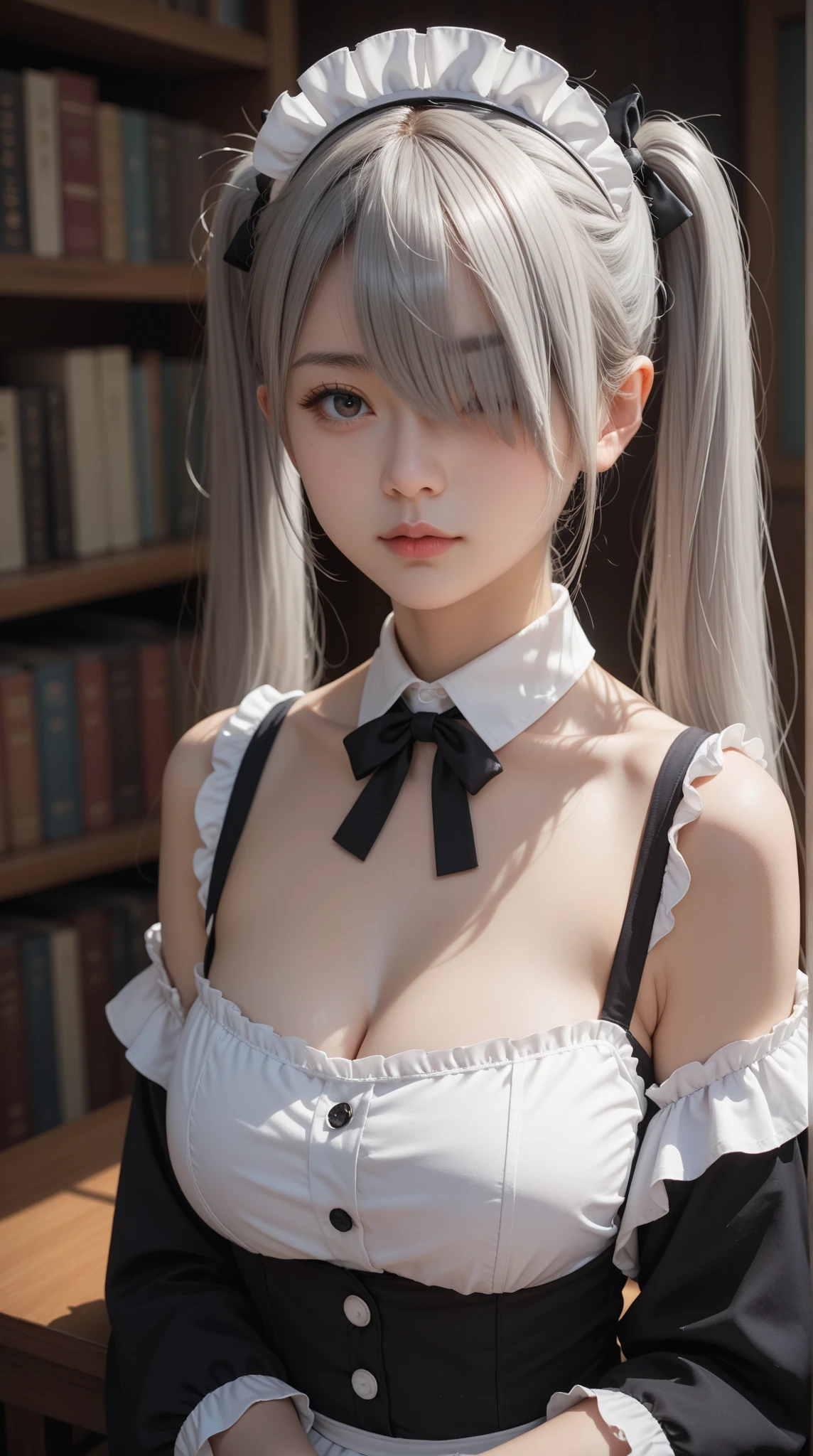 Score_9, Score_8_up, Score_7_up, 1girl, solo, young girl, emotionless, looking at viewer, upper body, (long hair, gray hair, twin ponytails, hair cover one eye, bangs:1.3), big breasts, cleavage, (maid uniform:1.3), sitting, library background, side view
