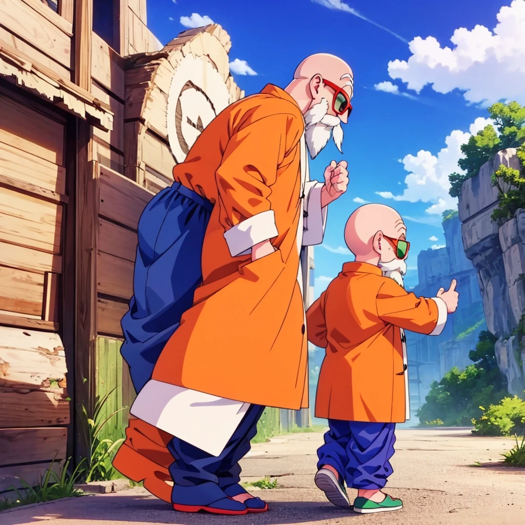 muten roushi standing on a cloud,.muten roushi,old man, black eyes,bald, facial hair, beard, mustache, white hair, chinese clothes, orange jacket, blue pants, sunglasses, red-framed eyewear, green-tinted eyewear,full body..Three-quarter side view