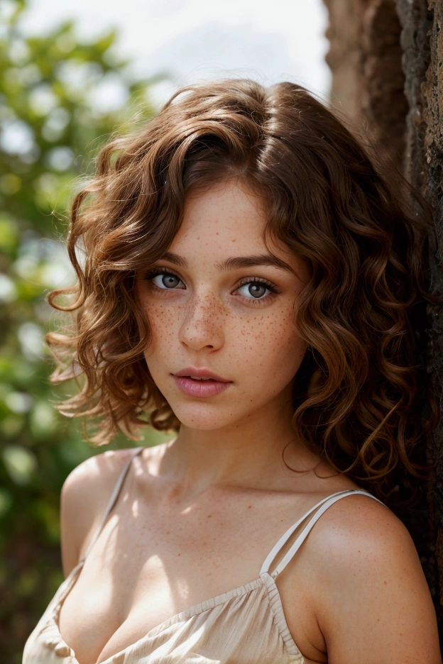 color photography, close-up, ((a realistic photo of a beautiful girl)), lightweight, ((bright skin)), looking_at_viewer, (fit body: 1.0), curly hair, detailed illustration, masterpiece, high quality, realistic, very detailed face