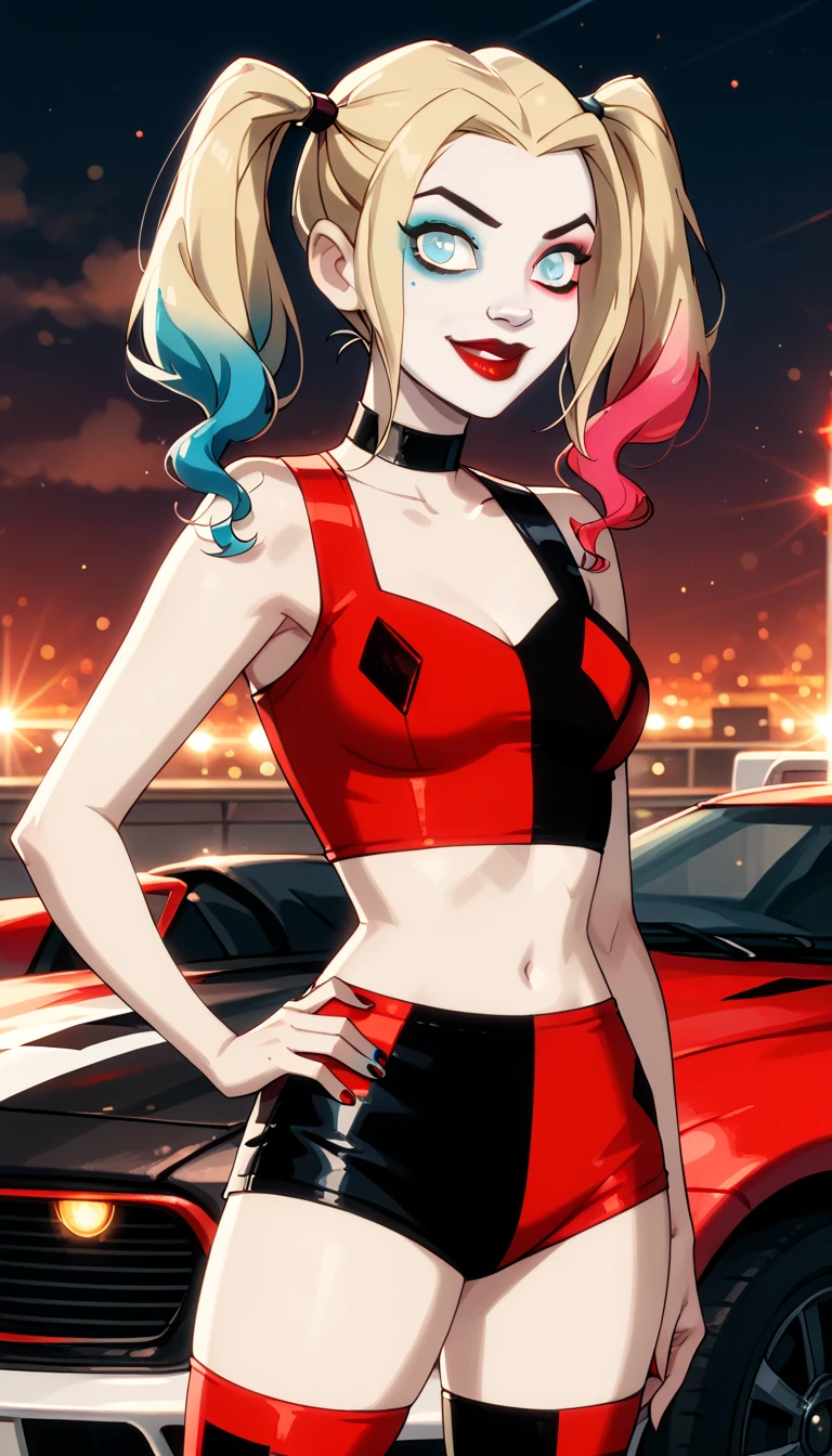 score_9, score_8_up, score_7_up, score_6_up, rating_questionable, 1girl, solo (Harley Quinn, twintails, multicolored hair, blonde hair, blue eyes, black choker, makeup, lipstick, red lips, race queen:1.4), wearing (shorts, crop top, thigh highs:1.3), midriff, navel, car, motor vehicle, confident, seductive, elegant, glamorous, sexy pose, hand on hip, hip out, model pose, sexy smile, (sunset:1.1), shallow depth of field, highly detailed, bokeh, moody, gorgeous, film grain, grainy (Hand, detailed, perfect, perfection, hands:1.2), perfect hands, perfect proportions, highly detailed face, highly detailed eyes, (detailed background).