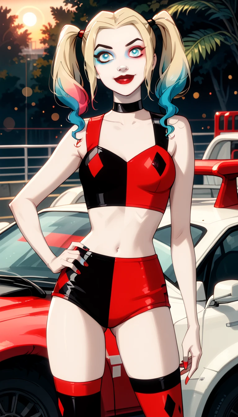 score_9, score_8_up, score_7_up, score_6_up, rating_questionable, 1girl, solo (Harley Quinn, twintails, multicolored hair, blonde hair, blue eyes, black choker, makeup, lipstick, red lips, race queen:1.4), wearing (shorts, crop top, thigh highs:1.3), midriff, navel, car, motor vehicle, confident, seductive, elegant, glamorous, sexy pose, hand on hip, hip out, model pose, sexy smile, (sunset:1.1), shallow depth of field, highly detailed, bokeh, moody, gorgeous, film grain, grainy (Hand, detailed, perfect, perfection, hands:1.2), perfect hands, perfect proportions, highly detailed face, highly detailed eyes, (detailed background).