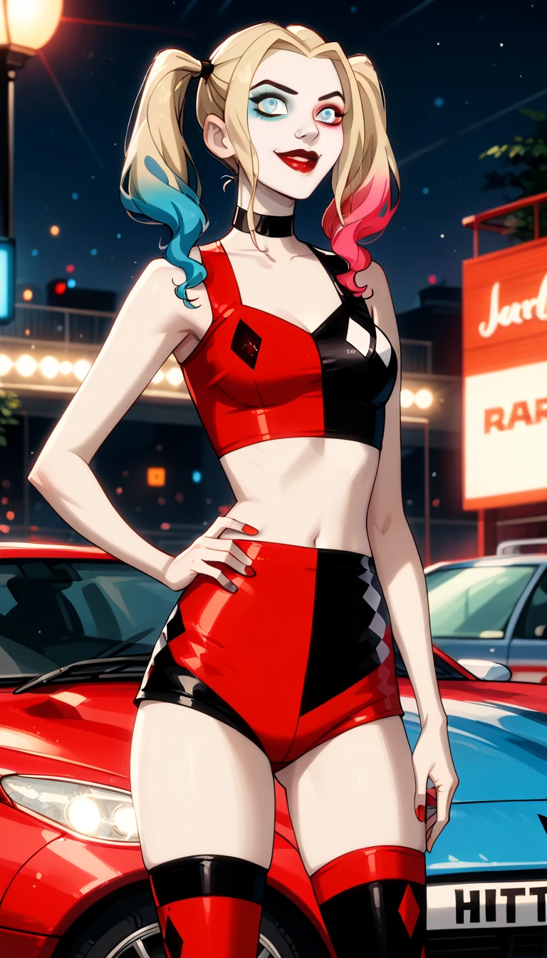 score_9, score_8_up, score_7_up, score_6_up, rating_questionable, 1girl, solo (Harley Quinn, twintails, multicolored hair, blonde hair, blue eyes, black choker, makeup, lipstick, red lips, race queen:1.4), wearing (shorts, crop top, thigh highs:1.3), midriff, navel, car, motor vehicle, confident, seductive, elegant, glamorous, sexy pose, hand on hip, hip out, model pose, sexy smile, (sunset:1.1), shallow depth of field, highly detailed, bokeh, moody, gorgeous, film grain, grainy (Hand, detailed, perfect, perfection, hands:1.2), perfect hands, perfect proportions, highly detailed face, highly detailed eyes, (detailed background).