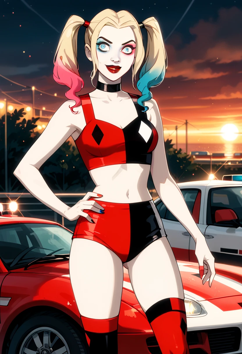 score_9, score_8_up, score_7_up, score_6_up, rating_questionable, 1girl, solo (Harley Quinn, twintails, multicolored hair, blonde hair, blue eyes, black choker, makeup, lipstick, red lips, race queen:1.4), wearing (shorts, crop top, thigh highs:1.3), midriff, navel, car, motor vehicle, confident, seductive, elegant, glamorous, sexy pose, hand on hip, hip out, model pose, sexy smile, (sunset:1.1), shallow depth of field, highly detailed, bokeh, moody, gorgeous, film grain, grainy (Hand, detailed, perfect, perfection, hands:1.2), perfect hands, perfect proportions, highly detailed face, highly detailed eyes, (detailed background).