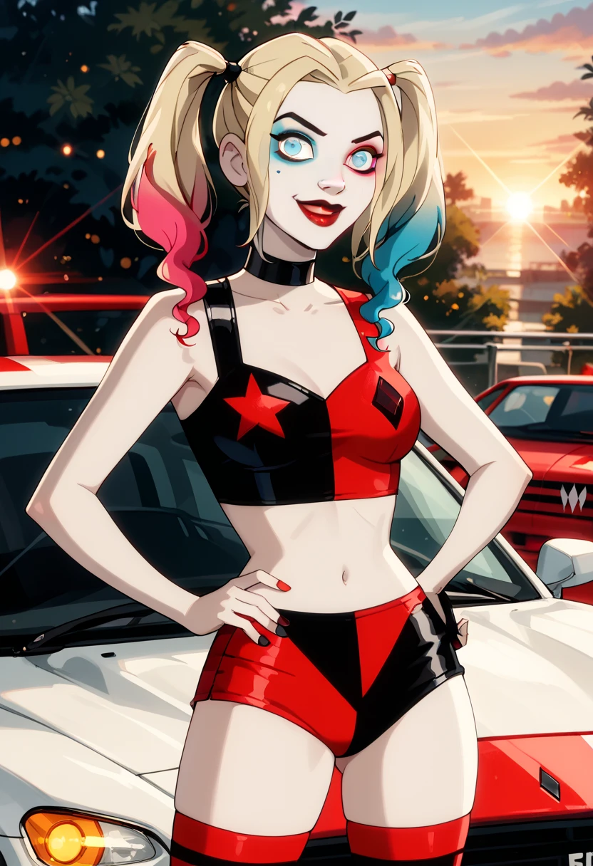 score_9, score_8_up, score_7_up, score_6_up, rating_questionable, 1girl, solo (Harley Quinn, twintails, multicolored hair, blonde hair, blue eyes, black choker, makeup, lipstick, red lips, race queen:1.4), wearing (shorts, crop top, thigh highs:1.3), midriff, navel, car, motor vehicle, confident, seductive, elegant, glamorous, sexy pose, hand on hip, hip out, model pose, sexy smile, (sunset:1.1), shallow depth of field, highly detailed, bokeh, moody, gorgeous, film grain, grainy (Hand, detailed, perfect, perfection, hands:1.2), perfect hands, perfect proportions, highly detailed face, highly detailed eyes, (detailed background).