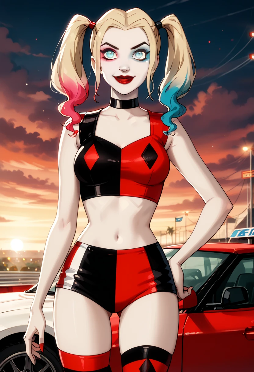 score_9, score_8_up, score_7_up, score_6_up, rating_questionable, 1girl, solo (Harley Quinn, twintails, multicolored hair, blonde hair, blue eyes, black choker, makeup, lipstick, red lips, race queen:1.4), wearing (shorts, crop top, thigh highs:1.3), midriff, navel, car, motor vehicle, confident, seductive, elegant, glamorous, sexy pose, hand on hip, hip out, model pose, sexy smile, (sunset:1.1), shallow depth of field, highly detailed, bokeh, moody, gorgeous, film grain, grainy (Hand, detailed, perfect, perfection, hands:1.2), perfect hands, perfect proportions, highly detailed face, highly detailed eyes, (detailed background).